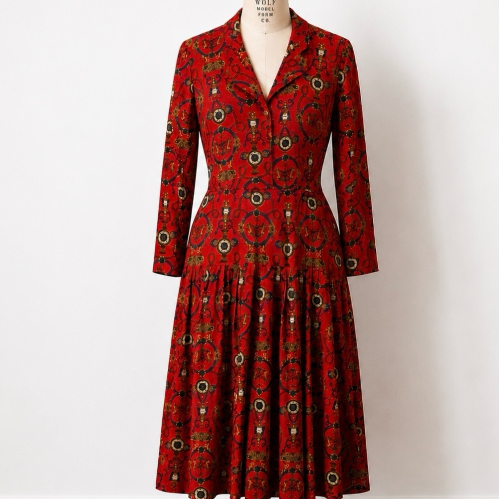 Vintage Brenner Chain Medallion logo maxi drop waist pleated dress